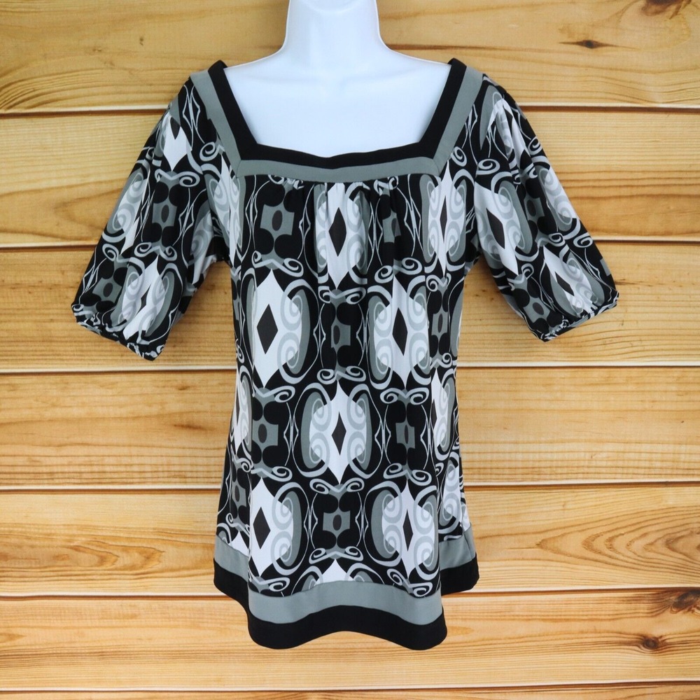 Black White Blouse Square Neck Womens L Stretch Poly Short Sleeve New Directions